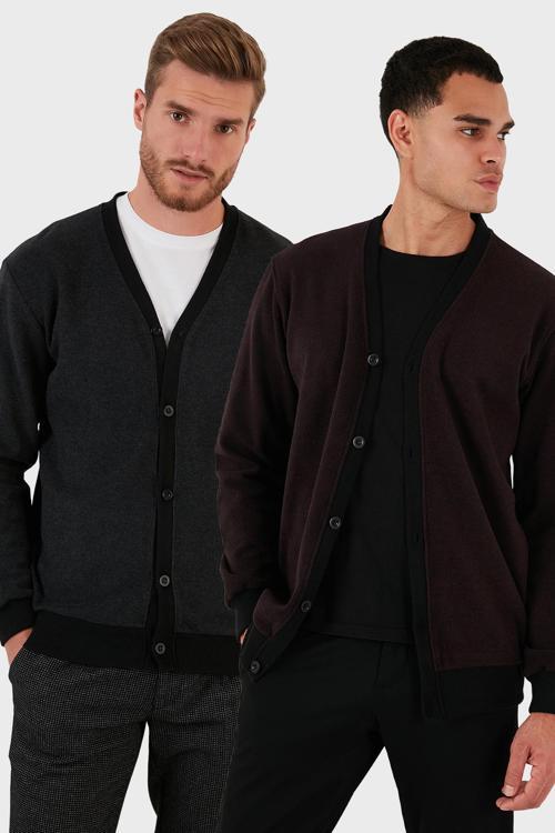 Pamuklu Regular Fit Düğmeli V Yaka 2'li Paket Erkek Hırka 456205S2 ANTRASİT-BORDO
