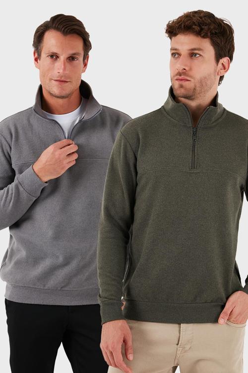 Pamuklu Regular Fit Yarım Fermuarlı Dik Yaka 2'li Paket Erkek Kazak 456112S2 GRİ-HAKİ