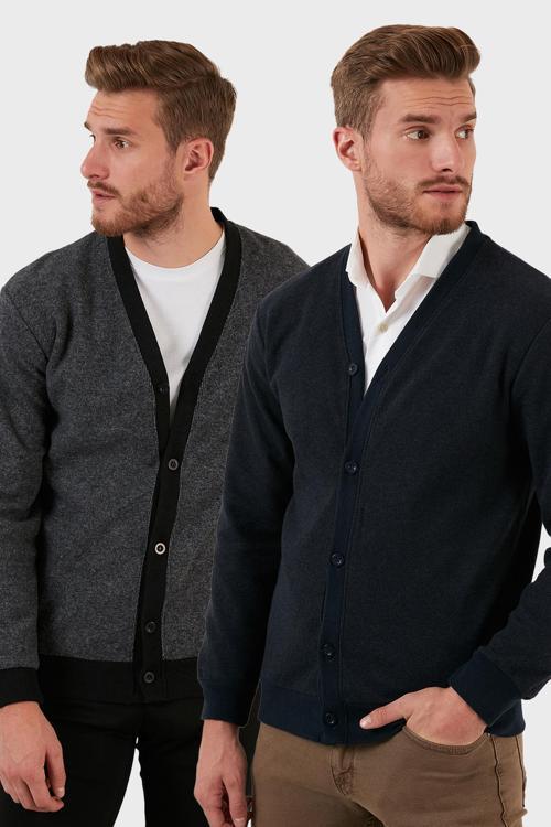 Pamuklu Regular Fit Düğmeli V Yaka 2'li Paket Erkek Hırka 456205S2 GRİ-LACİVERT