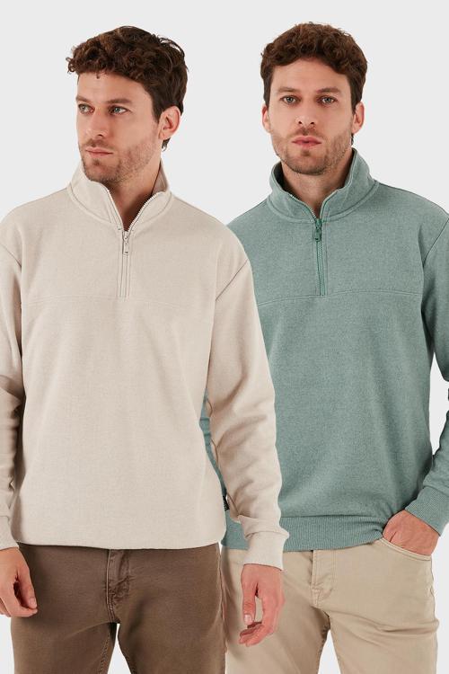 Pamuklu Regular Fit Yarım Fermuarlı Dik Yaka 2'li Paket Erkek Kazak 456112S2 Bej-Çağla