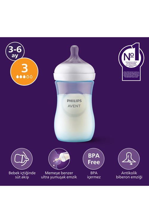 Doğal Tepkili PP Mavi Biberon, 260ml, 3-6 Ay, SCY903/21
