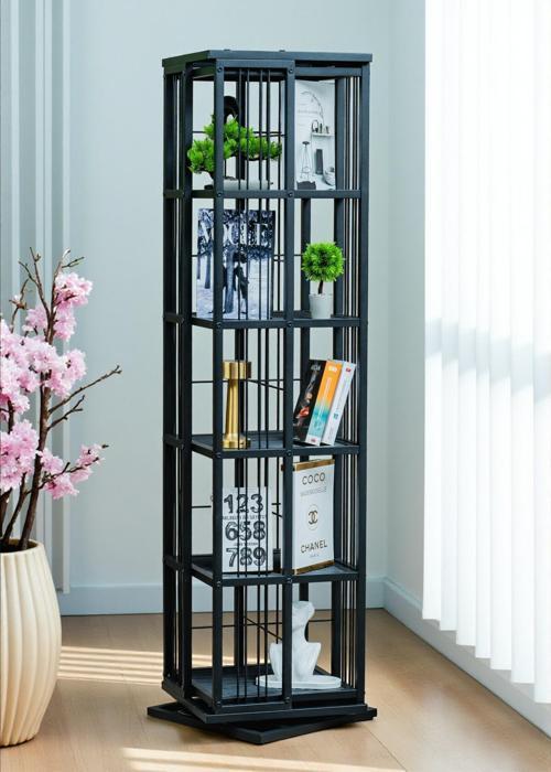 DEKORATİF SİYAH METAL 360° DÖNER KİTAPLIK 5 RAFLI ÜNİTE ÇOK AMAÇLI SALON OFİS DÜZENLEYİCİ