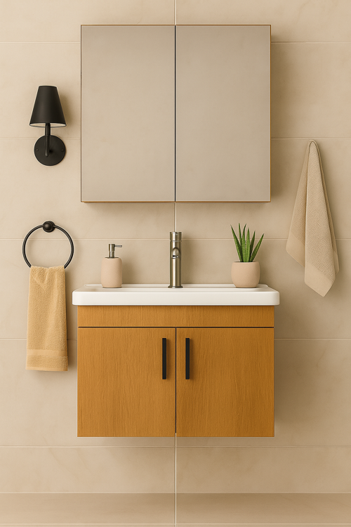 Luna 65 cm  Camlı Üst Modül ve Seramik Lavabolu, MDF Banyo Dolabı Takımı