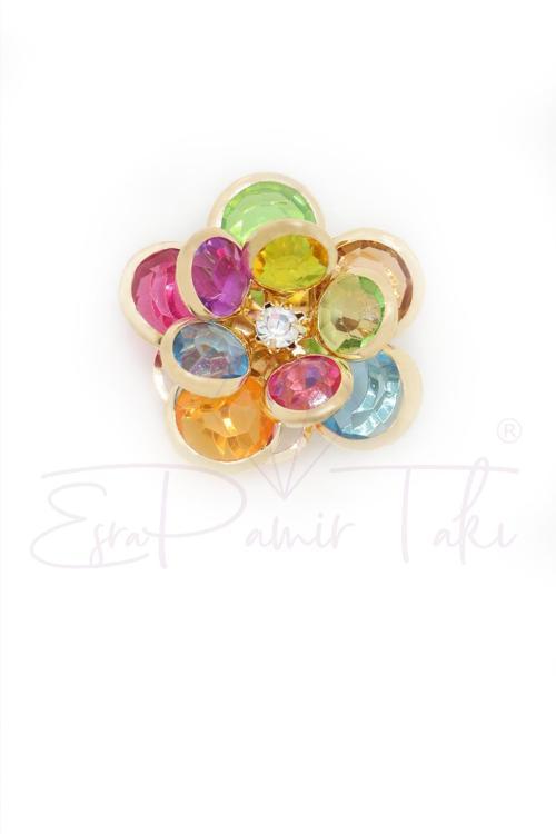 Renkli Yapraklı Çiçek Düğme Süsü Broş