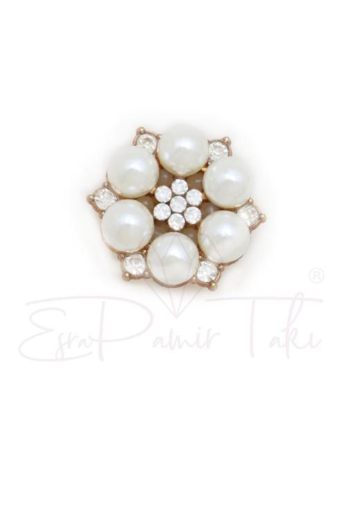 İncili Taşlı Gül Düğme Süsü Broş