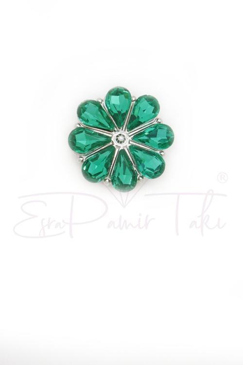 Yeşil Taşlı Düğme Süsü Çiçek Broş