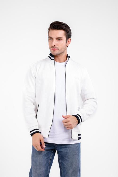 PROO Gofre Dik Yaka Fermuarlı Hırka - Beyaz