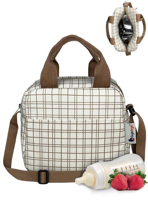 Beslenme Çantası Ve Termos Yemek Taşıma Çantası Omuz Askılı-Krem Ekose