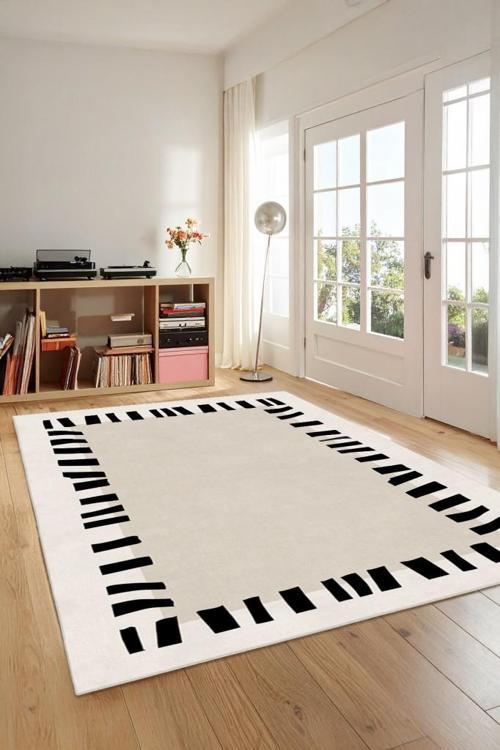 Zeminde Çerçeve Sanatı Asimetrik Kenarlıklı Modern Kaymaz Taban Halı