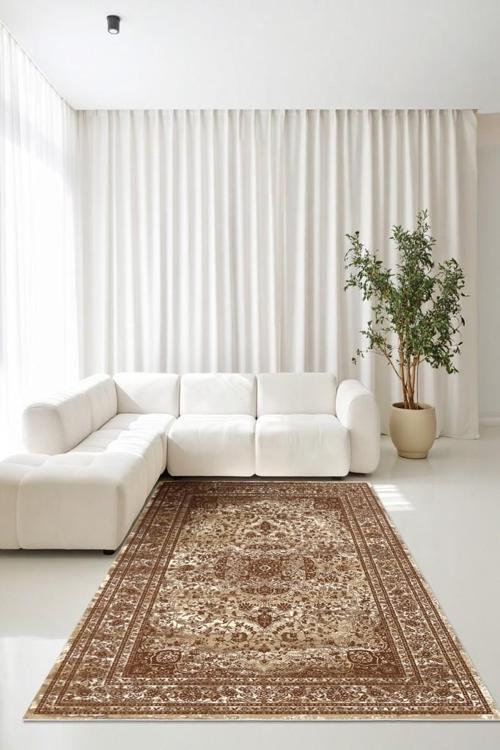 Kültürle Bezenmiş Konfor Bej ve Kahve Tonlarında Klasik Kaymaz Taban Halı