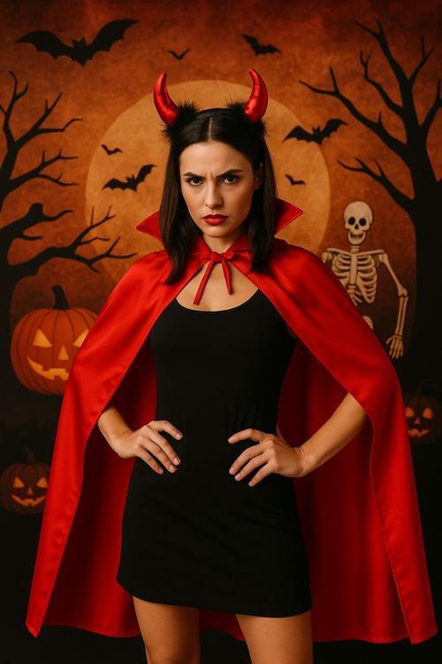 Kırmızı Şeytan Pelerini 120 cm ve Boynuzlu Taç – Halloween Kostüm Seti