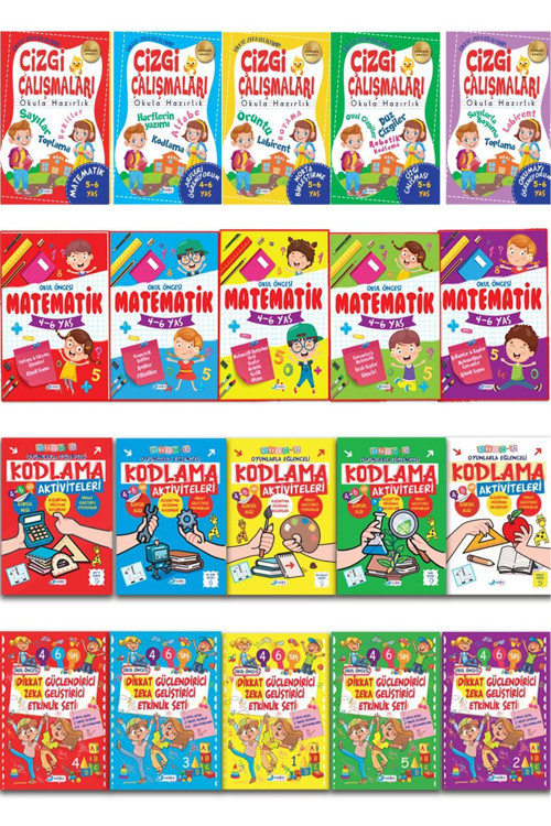 4-6 Yaş 20 Kitap Okul Öncesi Eğitim Seti Dikkat Geliştirici Matematik Kodlama Ve Çizgi Çalışmaları