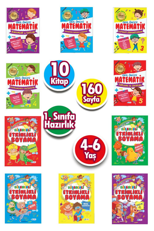Okul Öncesi Matematik Çalışmaları Ve Eğitici Etkinlikli Boyama Seti 10 Kitap