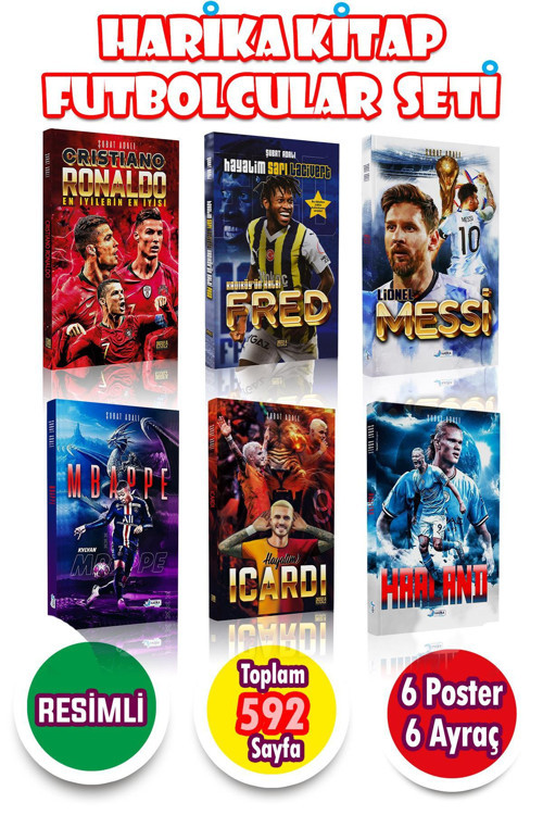 6 Lı Harika Futbolcular Seti 6 Kitap + 6 Poster Ronaldo - Messi - Haaland - Mbappe - İcardi - Fred