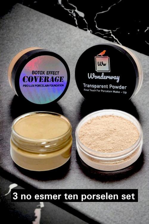 Yoğun Kapatıcı Porselen Fondöten & Transparan Pudra Set No:3 Esmer Ten Sünger Ve Göz Kalemi Esmer Ten