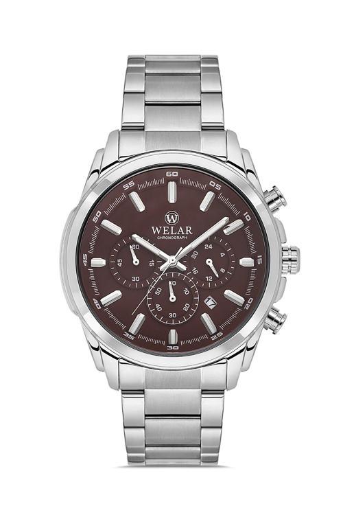 Wel2456-4 Erkek Kol Saati Kronometreli, Çelik KasaKordon, SuGeçirmez, Gümüş Renk, Bordo Kadran