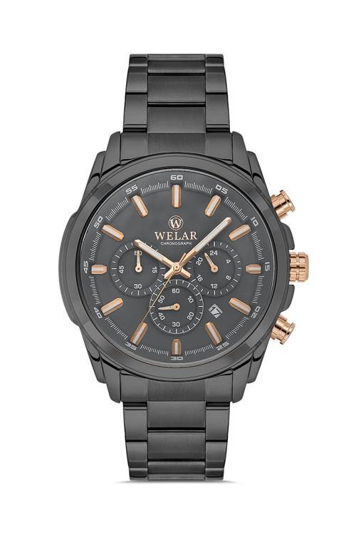 Wel2456-3 Erkek Kol Saati Kronometreli, Çelik KasaKordon, Su Geçirmez, Füme Renk, Füme Kadran