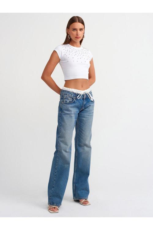 Saten Boxer Detaylı Bol Paça Denim Kot Pantolon - Mavi - 71494