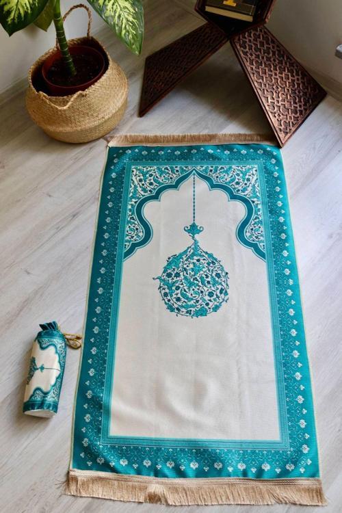 Mihrap Desenli İpek Dokulu Keseli Seccade S1029 Mavi Renk