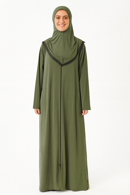 Kendinden Örtülü Fermuarlı Namaz Elbisesi – Yeşil