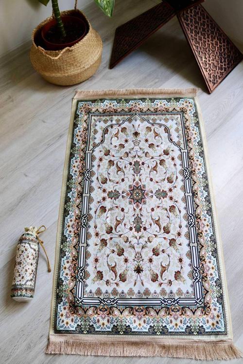 Gülhan Desenli İpek Dokulu Keseli Seccade S1028 Krem Renk