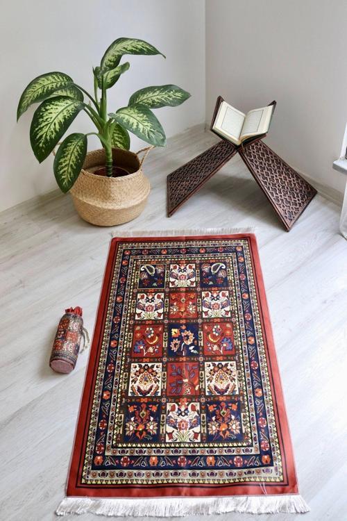 Pratik Ve Taşınabilir Ipek Dokulu Keseli Seccade 40 Yama Desen S100110 Turuncu