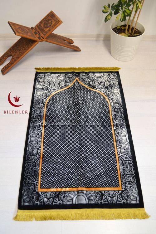 Lüks Kadife Seccade - 70x110 cm - Kalın Yumuşak Doku - Şık ve Konforlu-Siyah Desen