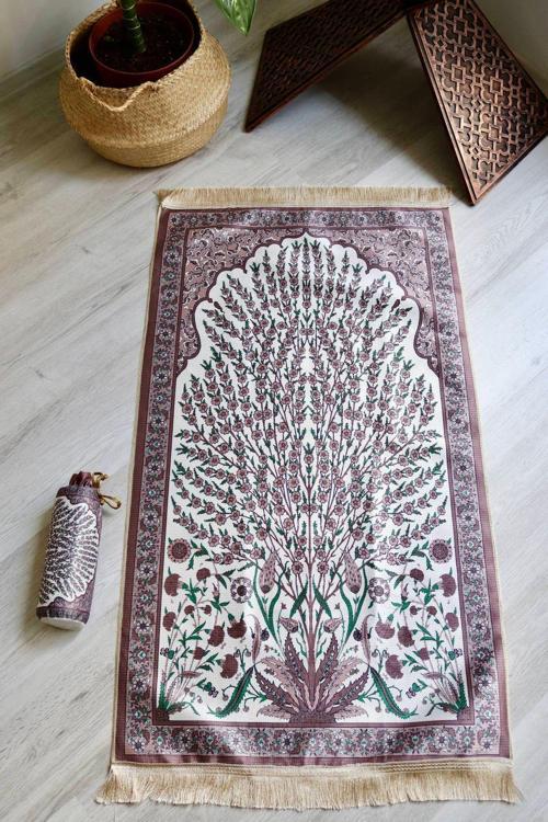 Çini Desenli İpek Dokulu Keseli Seccade S1027 Gül Kurusu Renk