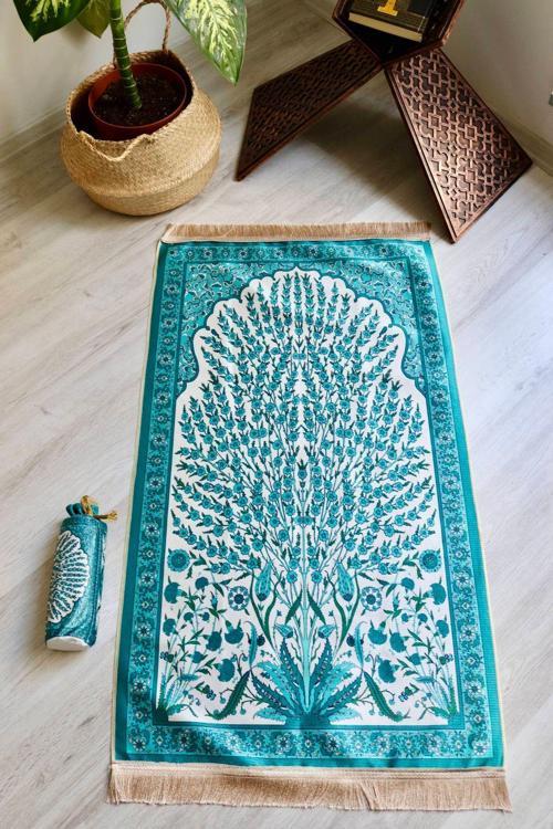 Çini Desenli İpek Dokulu Keseli Seccade S1027 Mavi Renk