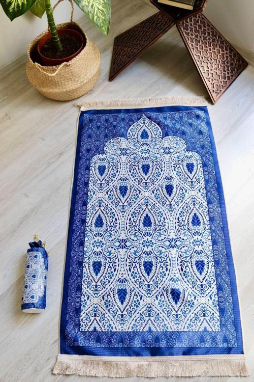 Rumi Desenli İpek Dokulu Keseli Seccade S1030 Lacivert Renk