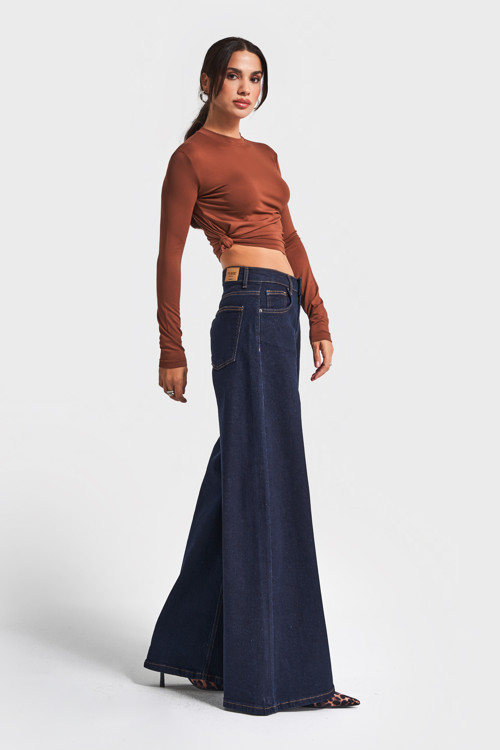 Kadın İndigo Renk 7w5-50 Süper Palazzo Fit Esnek Elastan Kumaş Denim Jean