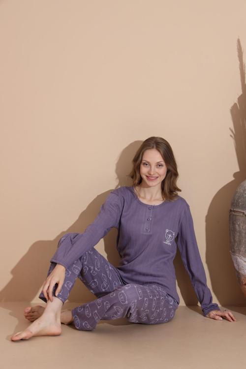 Kadın Pamuk'lu Düğme Yaka Raporlu İnterlok KIŞLIK Pijama Takımı 05035 - 1 Adet