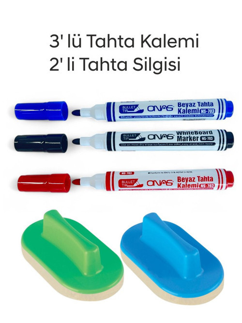 NS-703 Yuvarlak Uç Beyaz Yazı Tahta Kalemi 3 lü Set Kraf 575G Tahta Silgisi 2 li Set