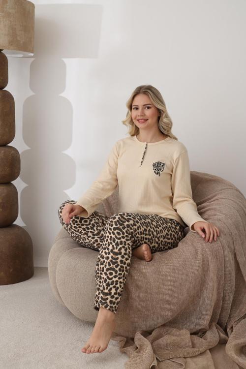 Kadın Pamuk'lu Düğme Yaka Raporlu İnterlok KIŞLIK Pijama Takımı 06043 - 1 Adet