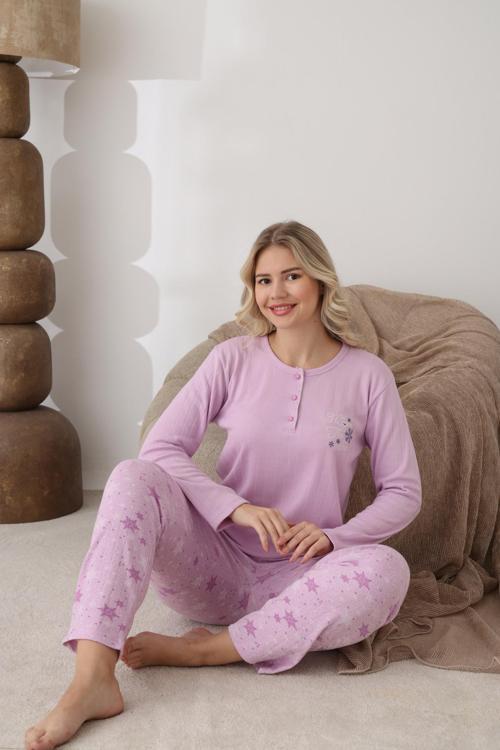 Kadın Pamuk'lu Düğme Yaka Raporlu İnterlok KIŞLIK Pijama Takımı 05163 - 1 Adet
