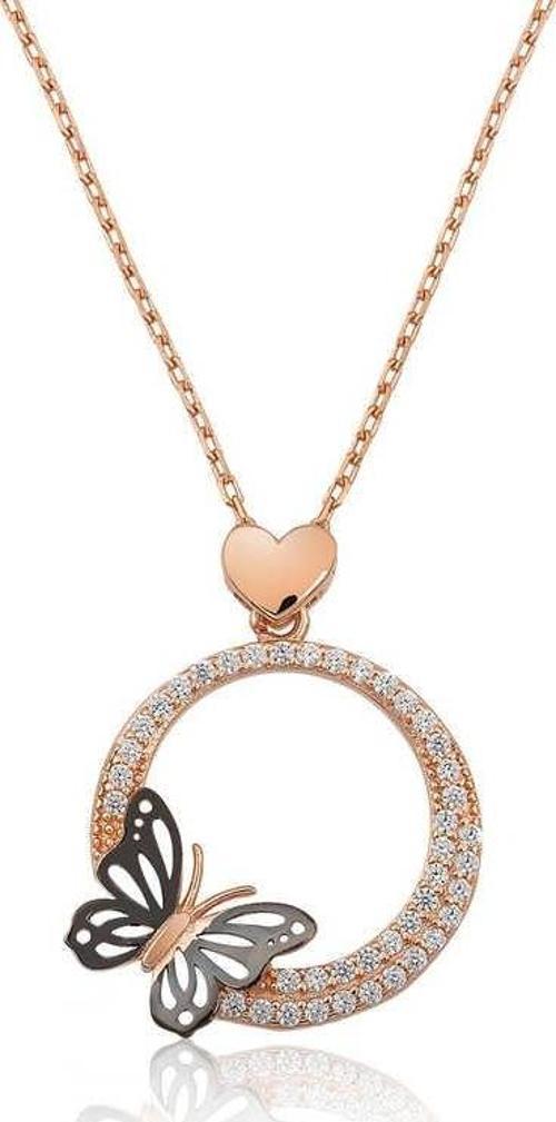 925 Ayar Gümüş Kalpli Kelebek Çemberi Kadın Gümüş Kolye