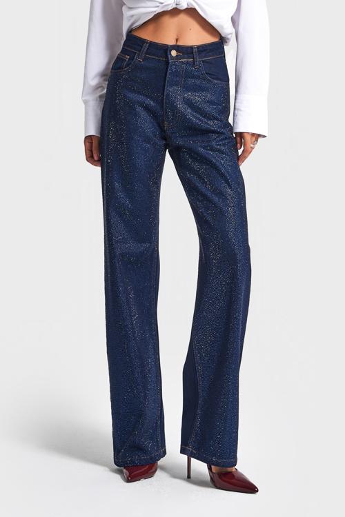 Kadın Koyu Mavi Renk T-7w5-50 Straight Fit Yüksek Bel Viskon Koton Kumaş Parlak Taşlı Tasarım Denim Jean