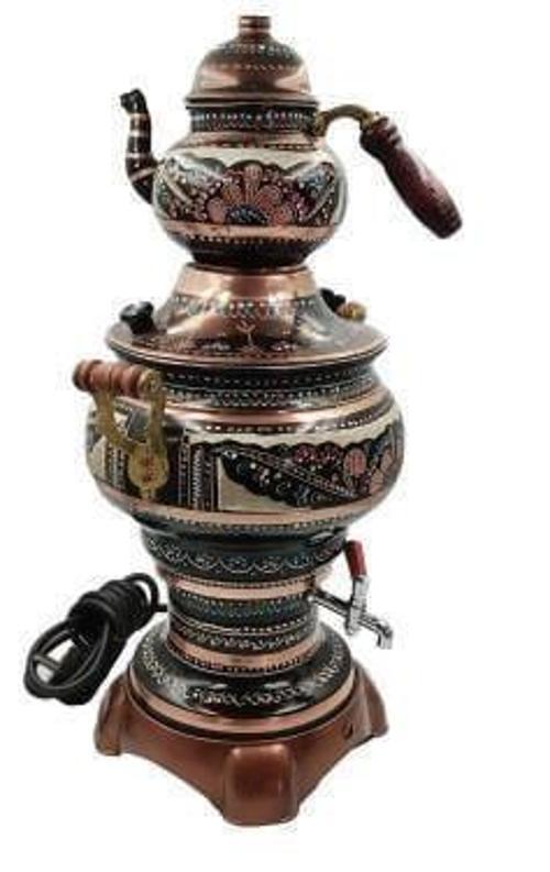İşlemeli  Elektrikli 1Demlikli Bakır Semaver