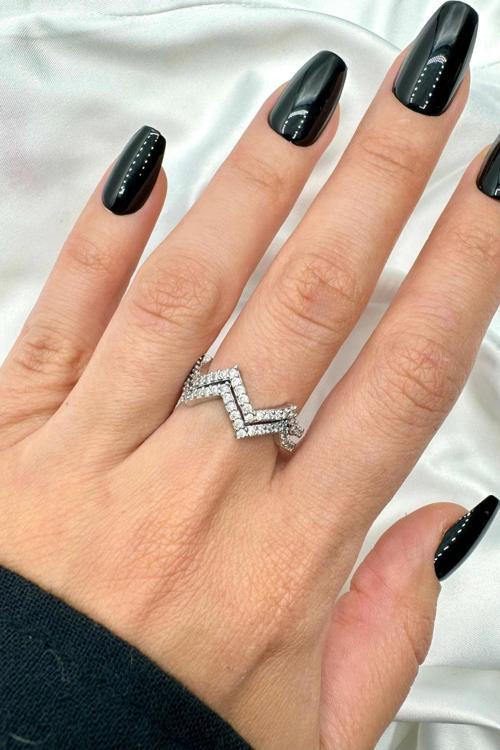 Özel Seri Çift Görünüm Zikzak Model Zirkon Taşlı Ayarlanabilir Kadın Tasarım Çelik Yüzük