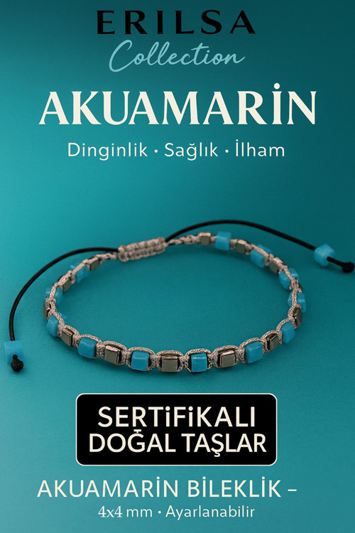 Sertifikalı Doğal Terahertz - Akuamarin Taşı Bileklik 4x4 mm - Dinginlik Sağlık ve İletişim Taşı