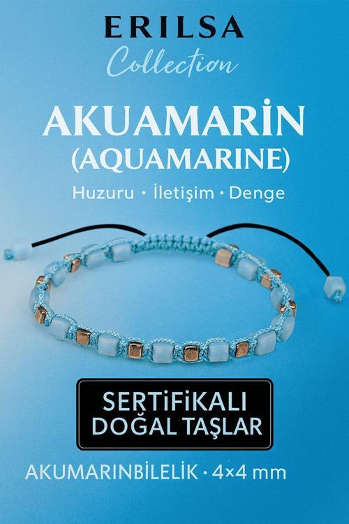 Sertifikalı Doğal Terahertz - Akuamarin Taşı Bileklik 4x4 mm - Huzur ve Dinginlik Taşı