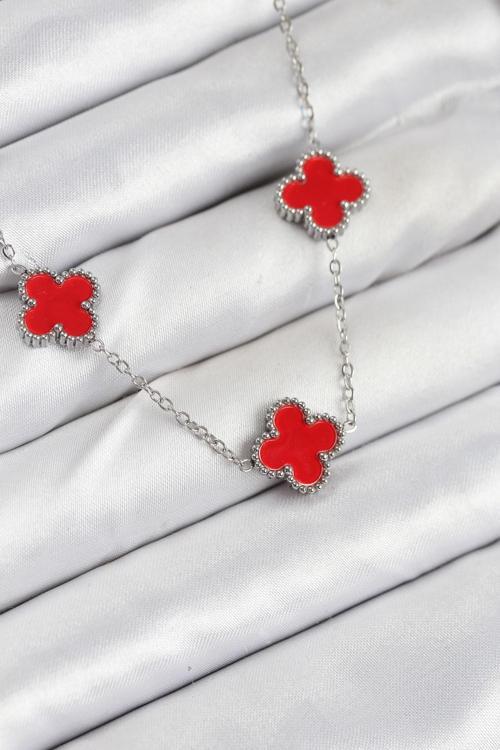 Zincir Gümüş Kırmızı Renk Yonca Kadın Kolye - EBJ250920W37851