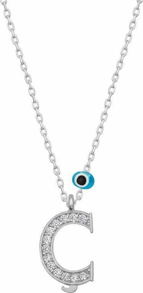 925 Ayar Gümüş Nazar Rodyum Ç Harfi Kadın Gümüş Kolye