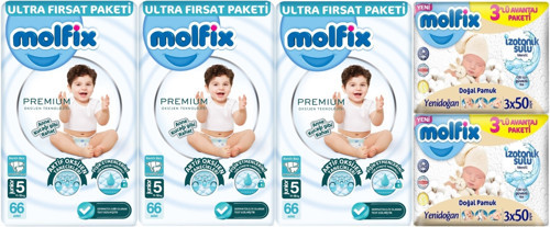 Premium Bebek Bezi Beden:5 (11-18KG) Junior 198 Adet Ultra Fırsat Pk + 6 Adet Islak Mendil