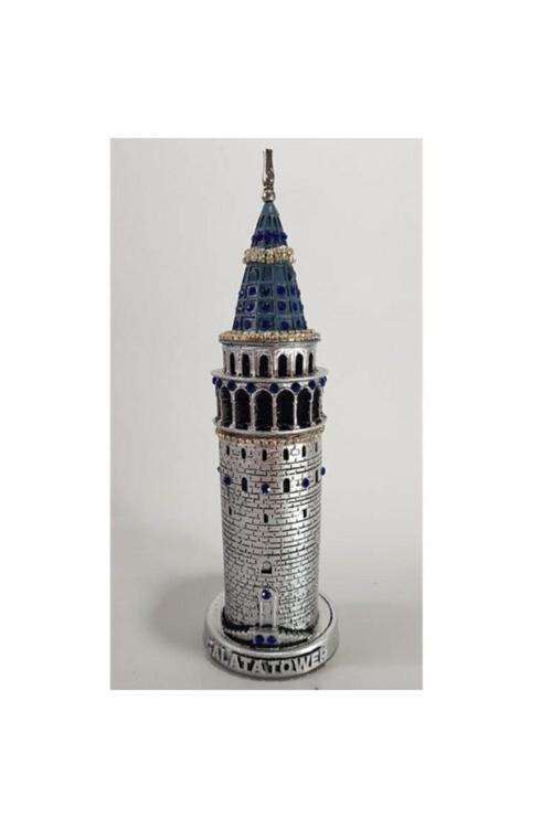 Lacivert Taşlı Galata Kulesi Biblo Gümüş 23 Cm