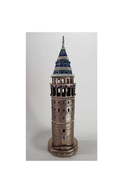 Bronz Galata Kulesi Biblo, 29 Cm, Kırmızı Taş Detaylı Şık Dekorasyon Ürünü