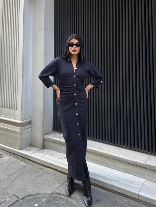 BELİ BÜZGÜLÜ KOT ELBİSE