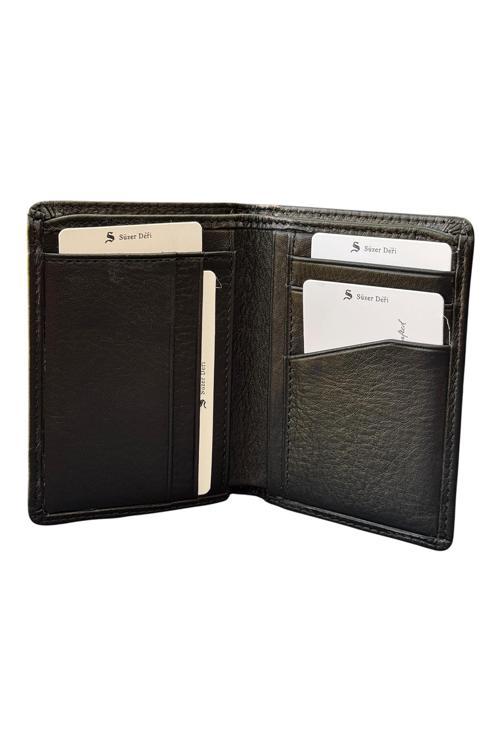 İnce ve Mini Boy Dikey Model Hakiki Deri Erkek Cüzdan Siyah
