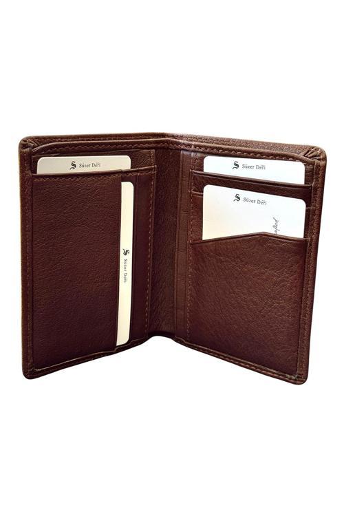 İnce ve Mini Boy Dikey Model Hakiki Deri Erkek Cüzdan Kahverengi