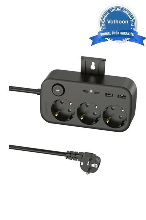 Akım Korumalı Priz 2 USB + 2 Type-C Girişli 2 Metre Kablosu Anahtarlı ve Duvara Monte Edilebilir